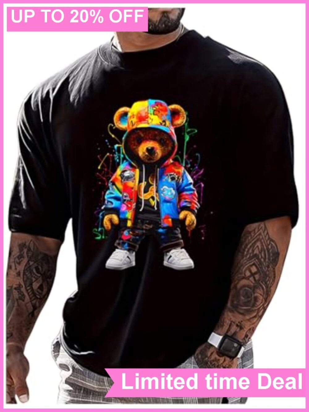 Men's Cartoon Bear Graphic T-Shirt Short Sleeve Crew Neck Regular Fit